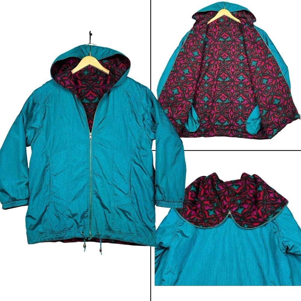 VTG Westbound Fleece Lined Windbreaker Jacket Womens M Blue Geometric Split Hood